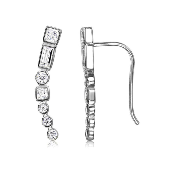 Silver 925 Rhodium Plated Baguette and Round CZ Climbing Earrings - STE01068 | Silver Palace Inc.
