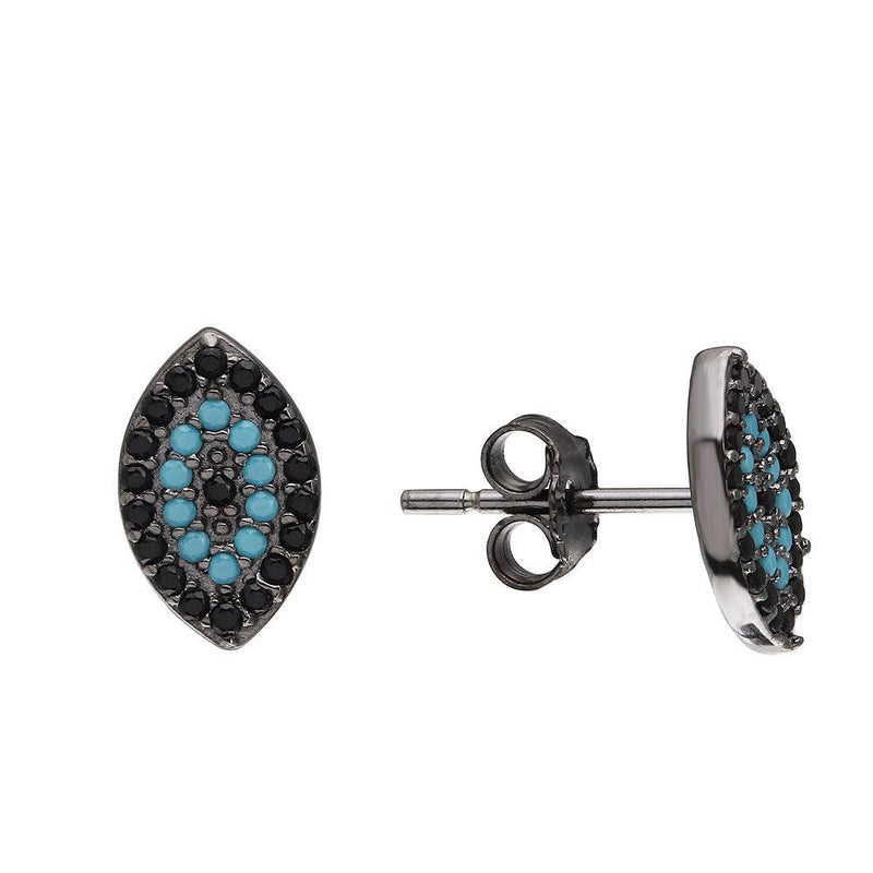 Silver 925 Black Rhodium Evil Eye Earrings with Black CZ and Turquoise Stones - STE01072BP | Silver Palace Inc.