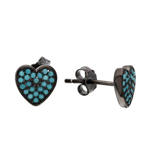 Silver 925 Black Rhodium Plated Heart Earrings with Turquoise Stones - STE01074BLU | Silver Palace Inc.
