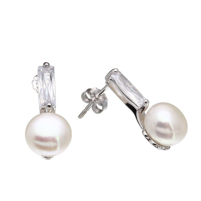 Silver 925 Rhodium Plated CZ and Fresh Water Pearls Earrings - STE01083 | Silver Palace Inc.