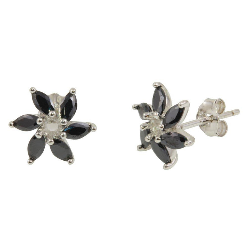 Silver 925 Rhodium Plated Black 6 Petal Flower Stud Earrings - STE01091 | Silver Palace Inc.