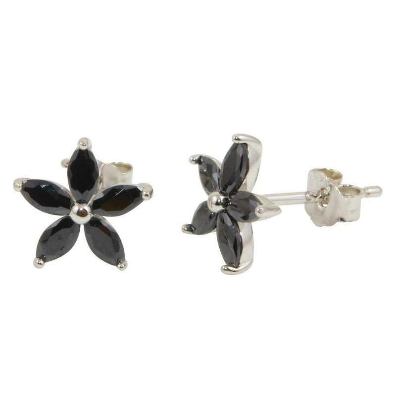 Silver 925 Rhodium Plated Black Five Petal Flower Earrings - STE01094 | Silver Palace Inc.