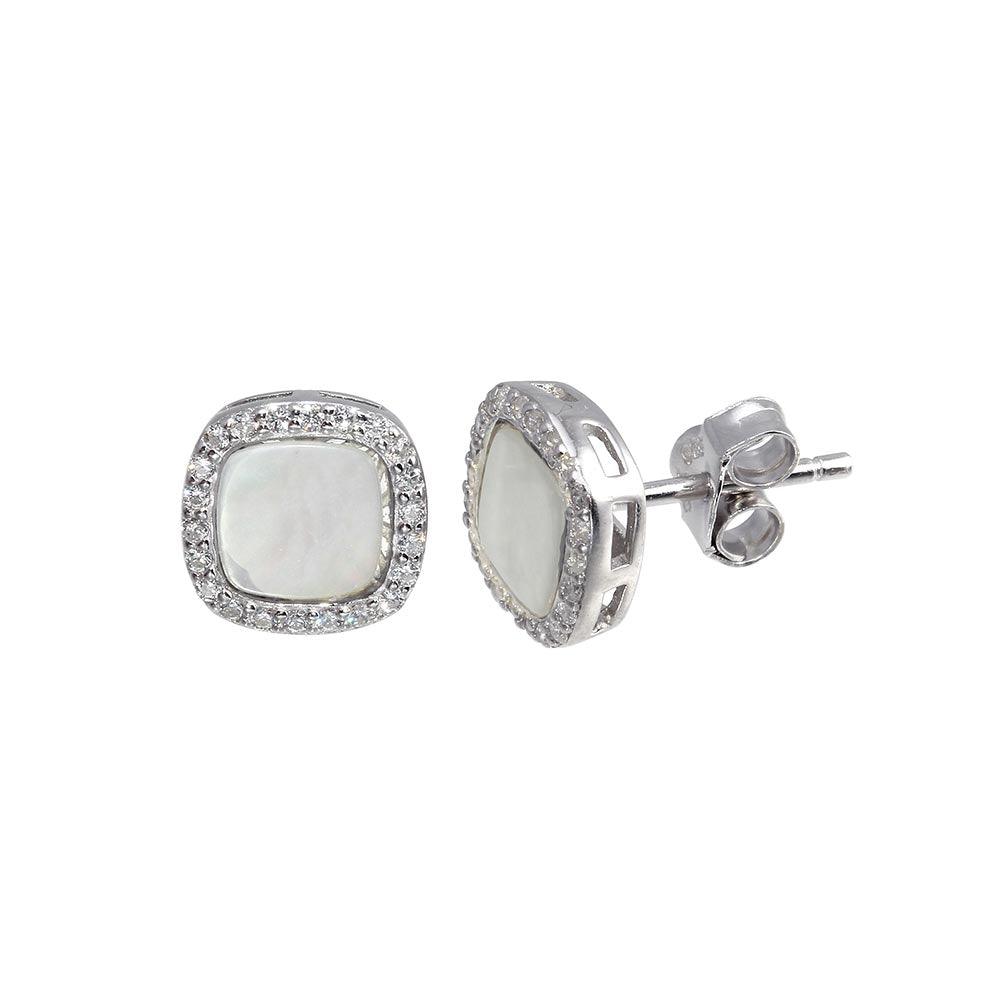 Rhodium Plated 925 Sterling Silver Square Opal Stud Earrings