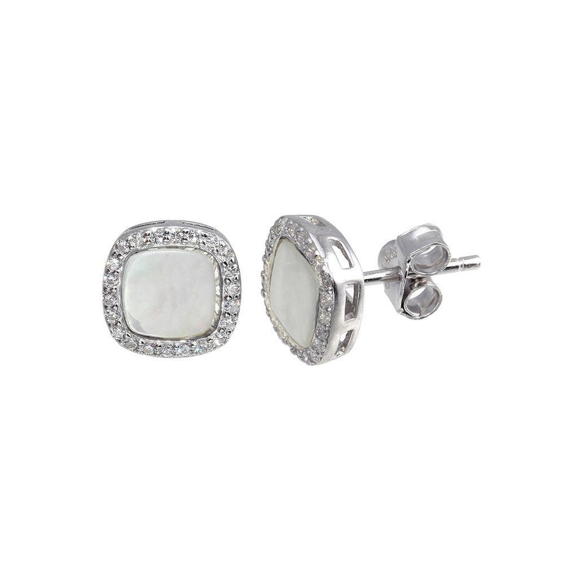 Rhodium Plated 925 Sterling Silver Square Opal Stud Earrings with CZ - STE01117CLR | Silver Palace Inc.