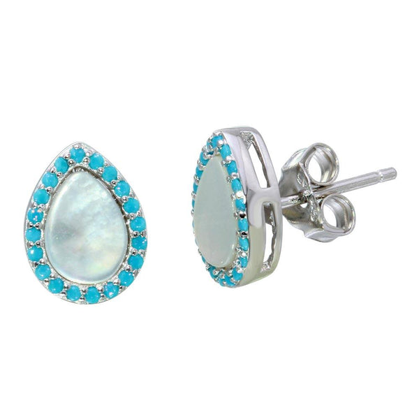 Silver 925 Rhodium Plated Teardrop Shaped Opal Stud Earrings with Blue CZ Stones - STE01118BLU | Silver Palace Inc.