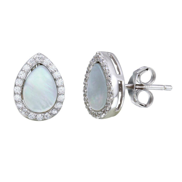 Silver 925 Rhodium Plated Teardrop Shaped Opal Stud Earrings with Clear CZ Stones - STE01118CLR | Silver Palace Inc.