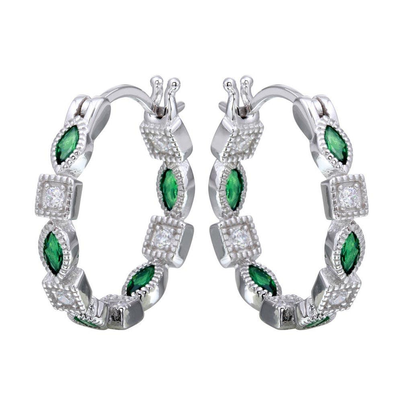 Silver 925 Rhodium Plated Inner and Outer Green Clear CZ Hoop Earrings - STE01122GRN | Silver Palace Inc.