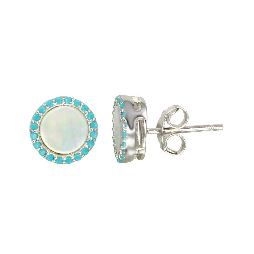 Silver 925 Rhodium Plated Round Opal Stud Earrings with Blue CZ Stones - STE01125BLU | Silver Palace Inc.
