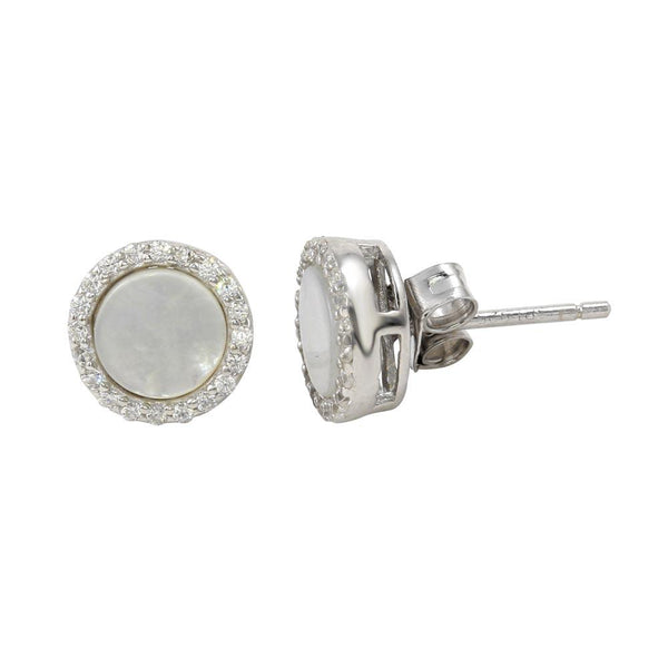 Silver 925 Rhodium Plated Round Opal Stud Earrings with Clear CZ Stones - STE01125CLR | Silver Palace Inc.