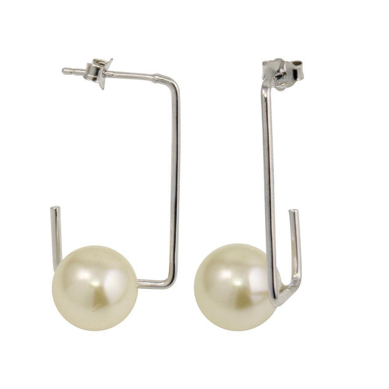 Silver 925 Rhodium Plated Rectangular Dangling Earrings with Pearl - STE01133 | Silver Palace Inc.
