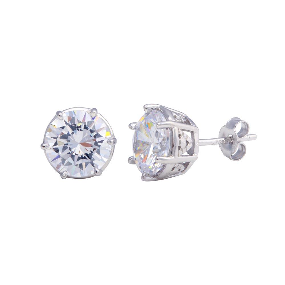 Silver 925 Rhodium Plated Crown Setting CZ Stud Earrings - STE01145 | Silver Palace Inc.