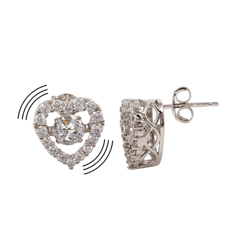 Silver 925 Rhodium Plated Heart-Shaped Dancing CZ Stud Earrings - STE01147 | Silver Palace Inc.