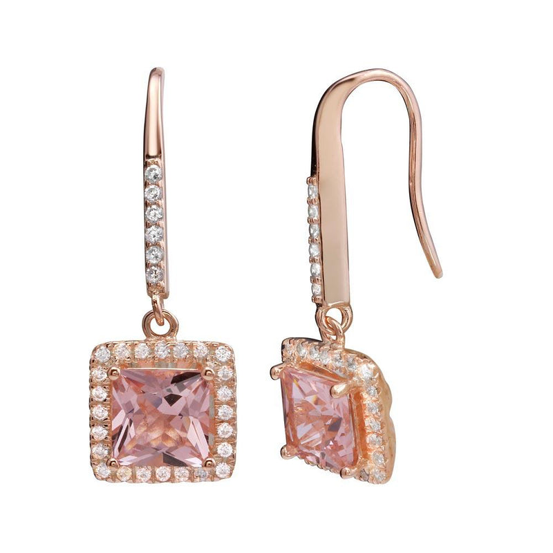 Silver 925 Rose Gold Plated Dangling Square CZ Earrings - STE01153RGP | Silver Palace Inc.