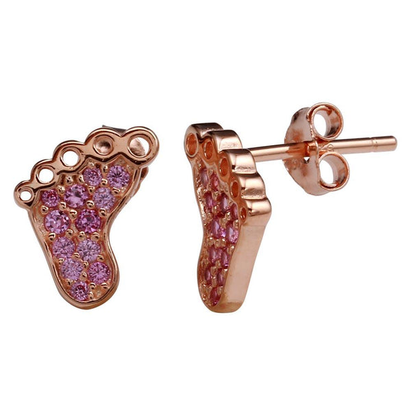Silver 925 Rose Gold Plated Foot Stud Earrings with Pink CZ - STE01157RGP | Silver Palace Inc.