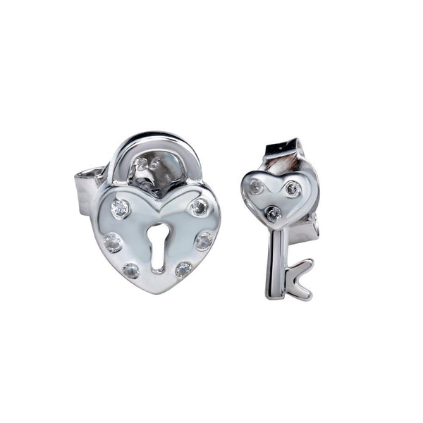 Silver 925 Rhodium Plated Heart Padlock Stud Earrings - STE01158RH | Silver Palace Inc.