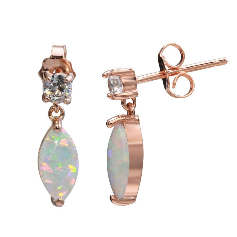 Silver 925 Rose Gold Plated Mini Dangling Oval Earrings with CZ and Synthetic Pearl - STE01163RGP | Silver Palace Inc.
