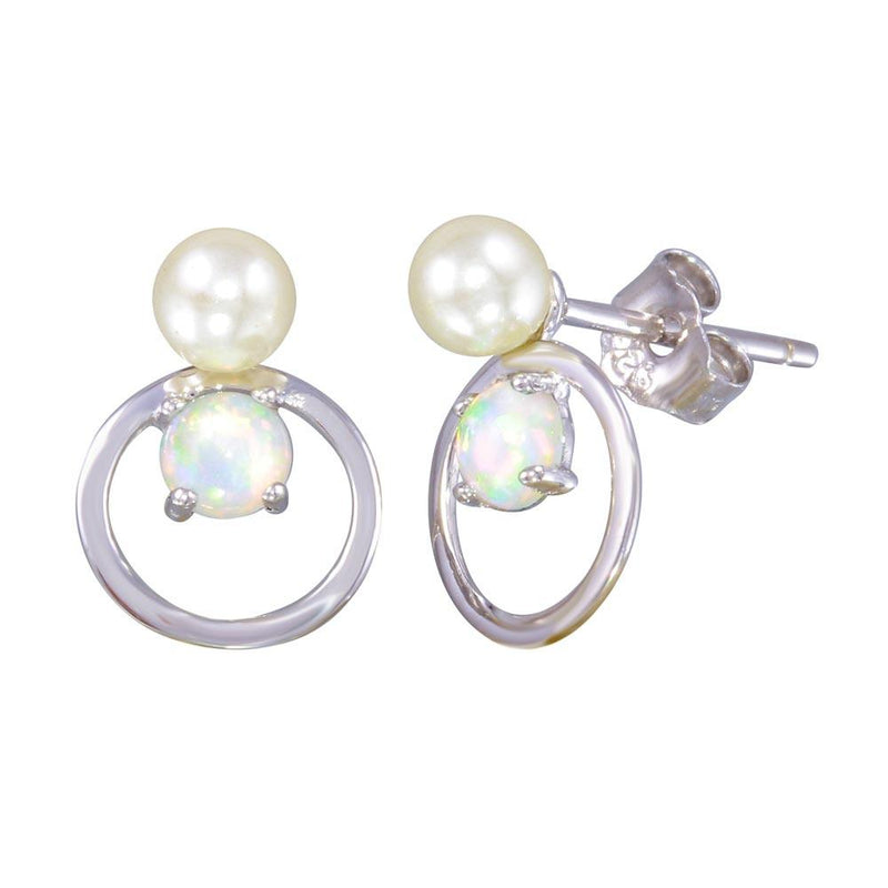 Silver 925 Rhodium Plated Open Circle Stud Earrings with Synthetic Pearl and Opal - STE01188 | Silver Palace Inc.