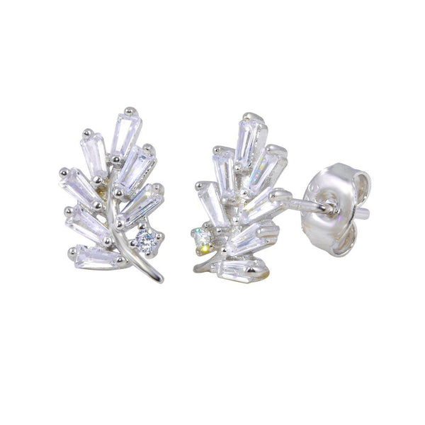Silver 925 Rhodium Plated Leaf Baguette CZ Earrings - STE01191 | Silver Palace Inc.
