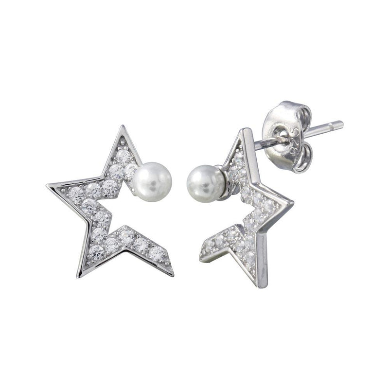 Silver 925 Rhodium Plated CZ Half Star Pearl Stud Earrings - STE01200 | Silver Palace Inc.