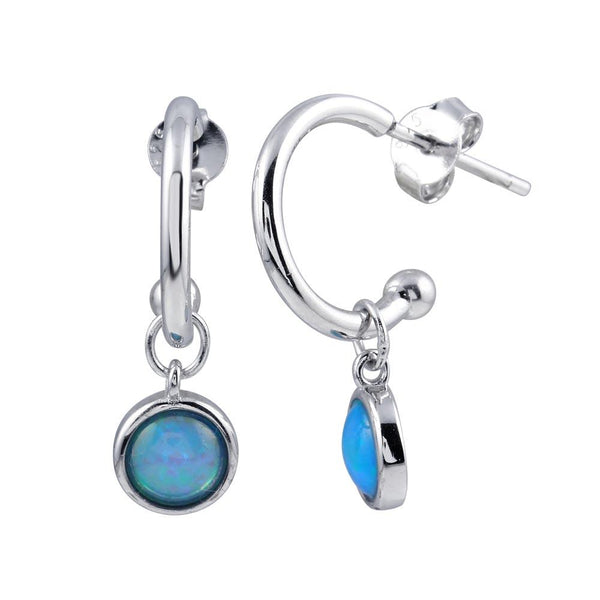 Rhodium Plated 925 Sterling Silver Semi Hoop Dangling Blue Opal Earrings - STE01223BLUE | Silver Palace Inc.