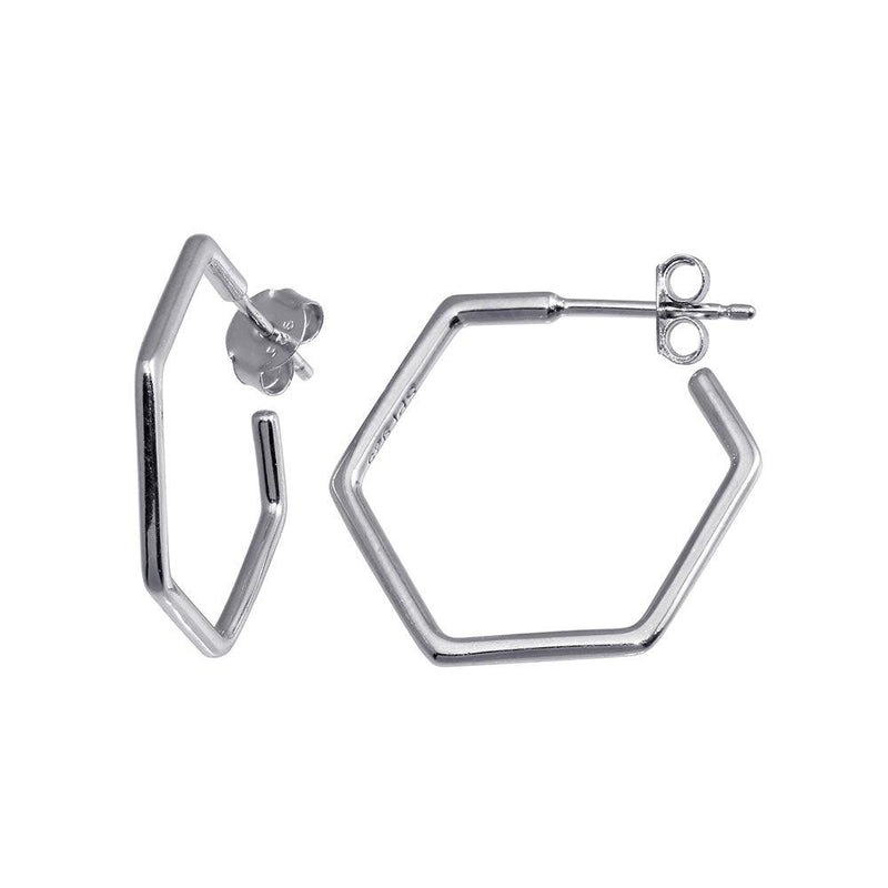 Rhodium Plated 925 Sterling Silver Large Hexagon Semi Hoop Earrings - STE01229 | Silver Palace Inc.