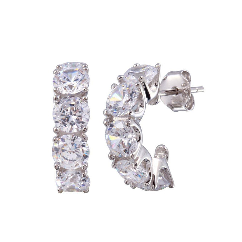 Rhodium Plated 925 Sterling Silver Semi Hoop CZ Round Earrings - STE01234 | Silver Palace Inc.