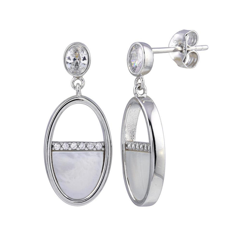 Rhodium Plated 925 Sterling Silver Dangling Oval Mother of Pearl CZ Earrings - STE01237 | Silver Palace Inc.