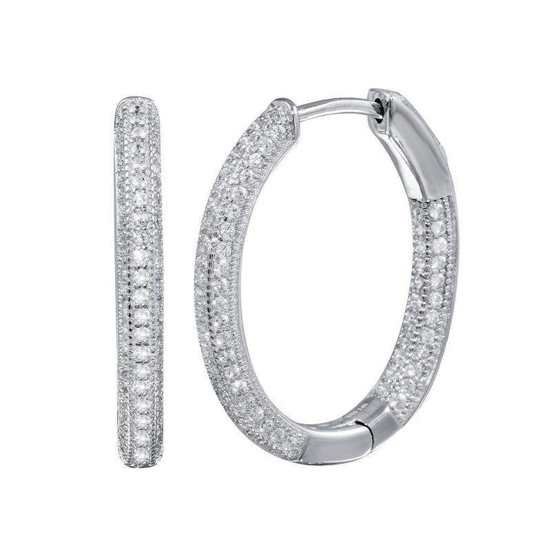 Rhodium Plated 925 Sterling Silver Inside Out CZ Oval Hoop Vault Lock Earrings - STE01240 | Silver Palace Inc.