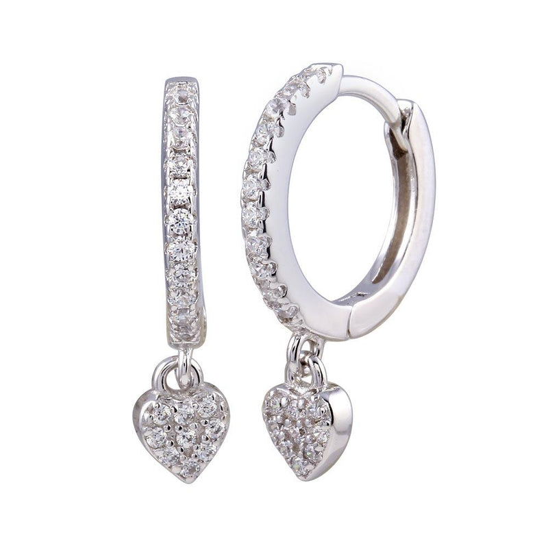 Rhodium Plated 925 Sterling Silver Dangling CZ Heart huggie hoop Earrings - STE01244 | Silver Palace Inc.