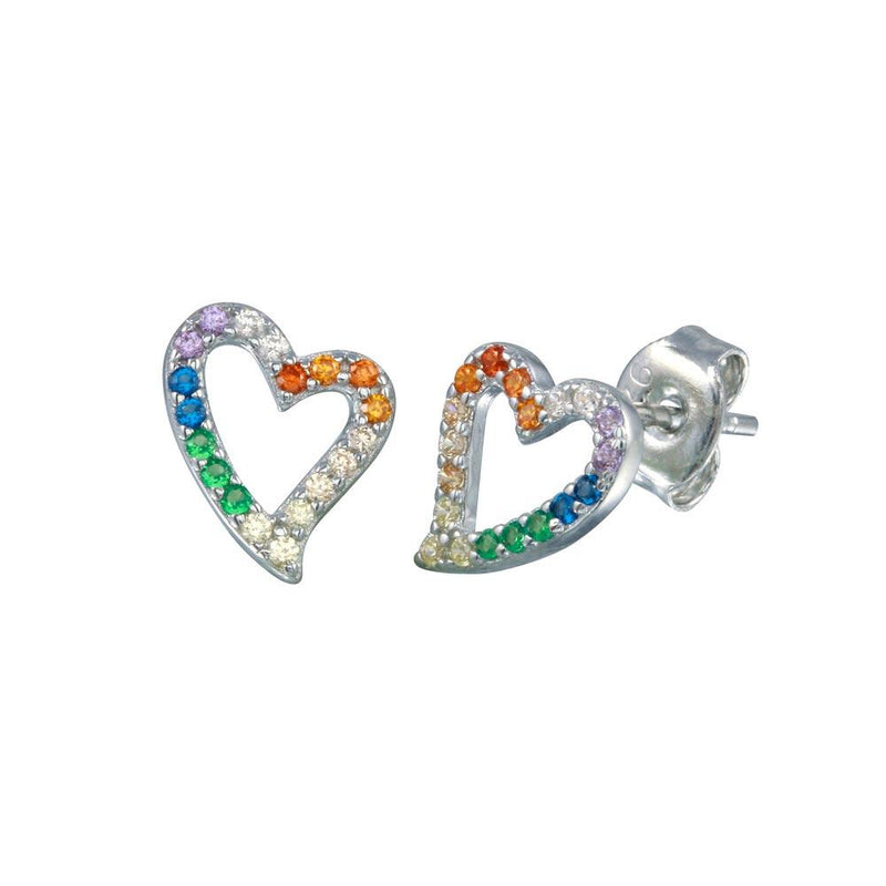 Rhodium Plated 925 Sterling Silver Heart Multicolor CZ Stud Earrings - STE01254 | Silver Palace Inc.