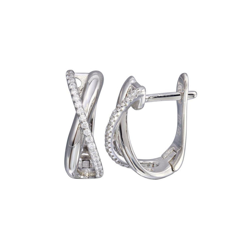 Rhodium Plated 925 Sterling Silver Oval CZ X Design Hoop Earrings - STE01257 | Silver Palace Inc.