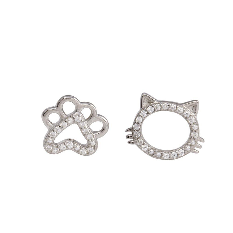 Rhodium Plated 925 Sterling Silver CZ Cat And Paw Stud Earrings - STE01260 | Silver Palace Inc.