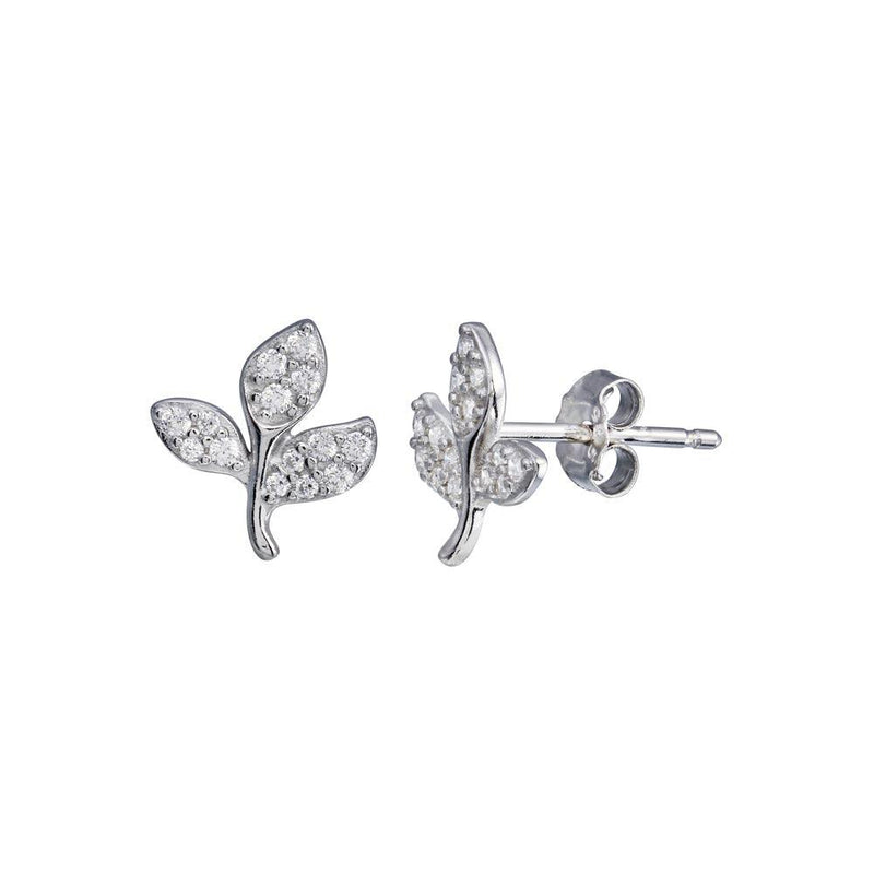 Rhodium Plated 925 Sterling Silver CZ Leaves Stud Earrings - STE01262 | Silver Palace Inc.
