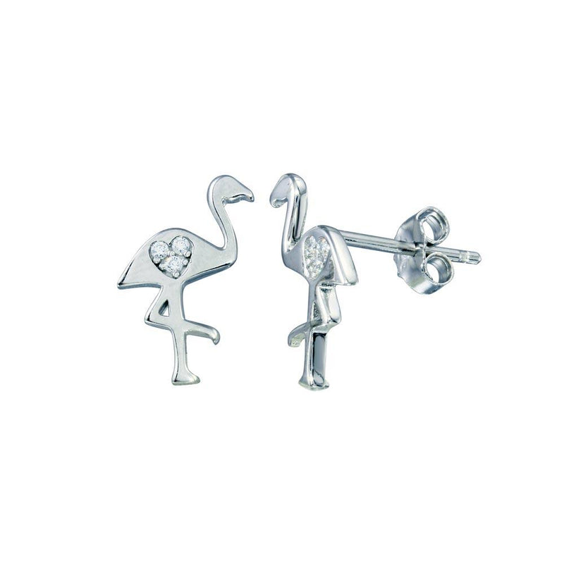 Rhodium Plated 925 Sterling Silver Heart CZ Flamingo Stud Earrings - STE01270 | Silver Palace Inc.