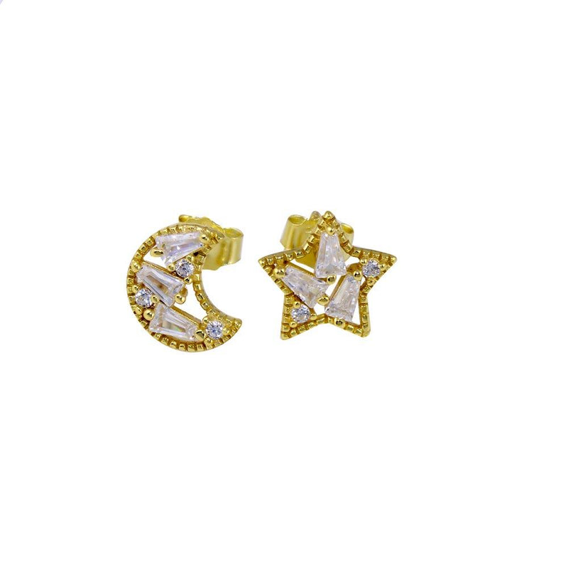 Silver 925 Gold Plated Baguette CZ Star and Moon Stud Earrings - STE01271GP | Silver Palace Inc.