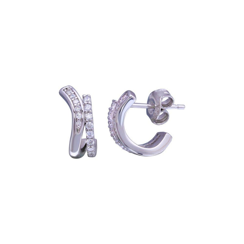 Rhodium Plated 925 Sterling Silver 2 Line Wave Semi huggie hoop CZ Stud Earrings - STE01276 | Silver Palace Inc.