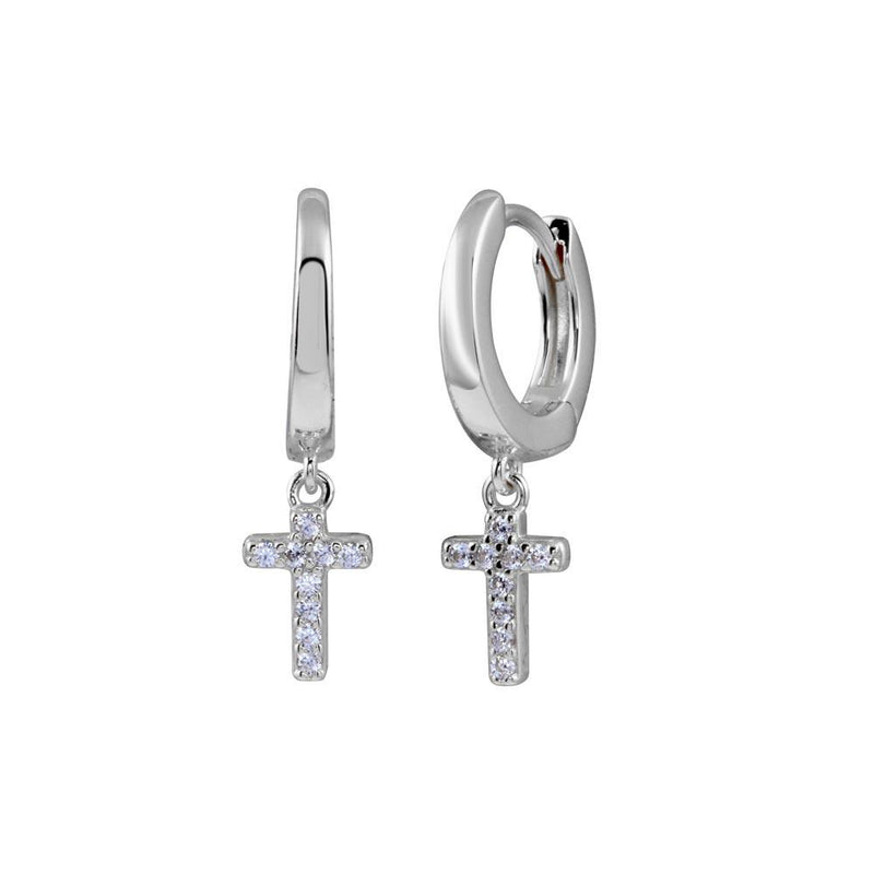 Rhodium Plated 925 Sterling Silver CZ huggie hoop Cross Earring - STE01279RH | Silver Palace Inc.