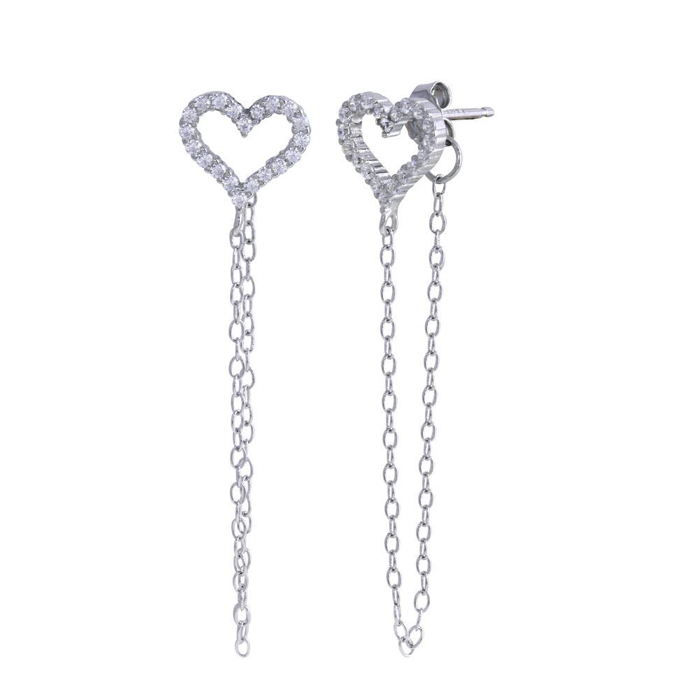 Rhodium Plated 925 Sterling Silver Heart Chain CZ Stud Earrings - STE01286 | Silver Palace Inc.
