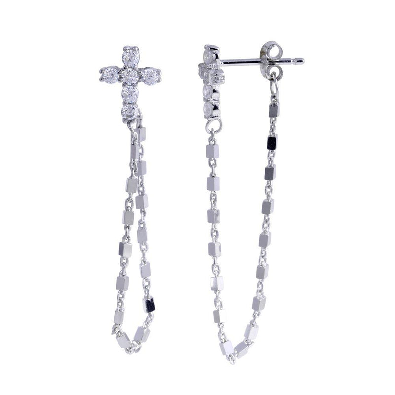 Rhodium Plated 925 Sterling Silver Cross Chain CZ Stud Earrings - STE01288 | Silver Palace Inc.
