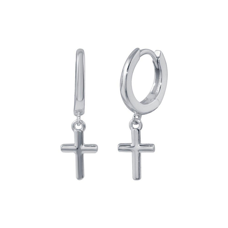 Rhodium Plated 925 Sterling Silver huggie hoop Cross Earrings - STE01300RH | Silver Palace Inc.