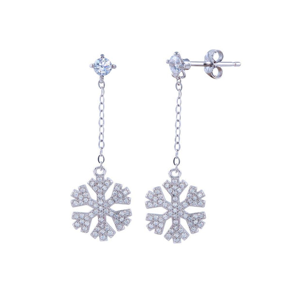 Rhodium Plated 925 Sterling Silver Dangling CZ Snow Flakes Earrings - STE01310 | Silver Palace Inc.