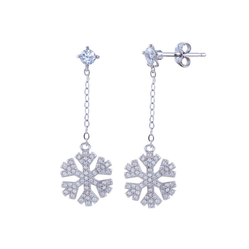 Rhodium Plated 925 Sterling Silver Dangling CZ Snow Flakes Earrings - STE01310 | Silver Palace Inc.