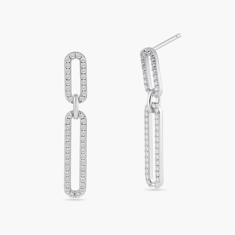 Rhodium Plated 925 Sterling Silver Dangling CZ Paperclip Earrings - STE01311