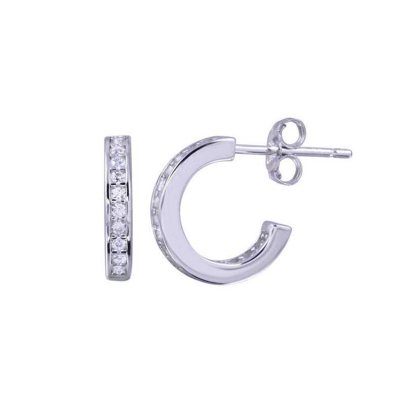 Rhodium Plated 925 Sterling Silver Semi-Hoop CZ Earrings - STE01313 | Silver Palace Inc.