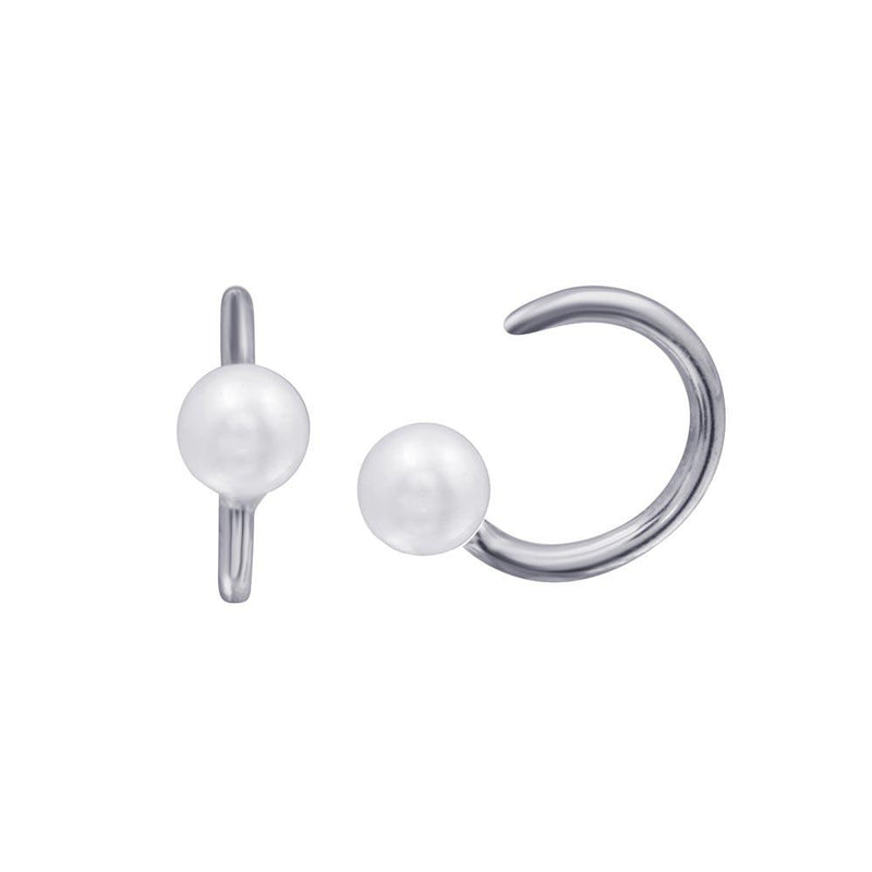 Rhodium Plated 925 Sterling Silver Pearl Semi-Hoop CZ Earrings - STE01316RH | Silver Palace Inc.