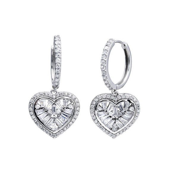 Rhodium Plated 925 Sterling Silver CZ Hoop Dangling Heart Earrings - STE01318 | Silver Palace Inc.