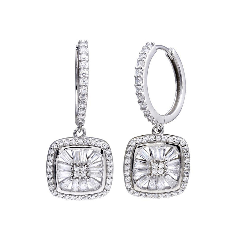 Rhodium Plated 925 Sterling Silver CZ Hoop Dangling Halo Square Earrings - STE01319 | Silver Palace Inc.
