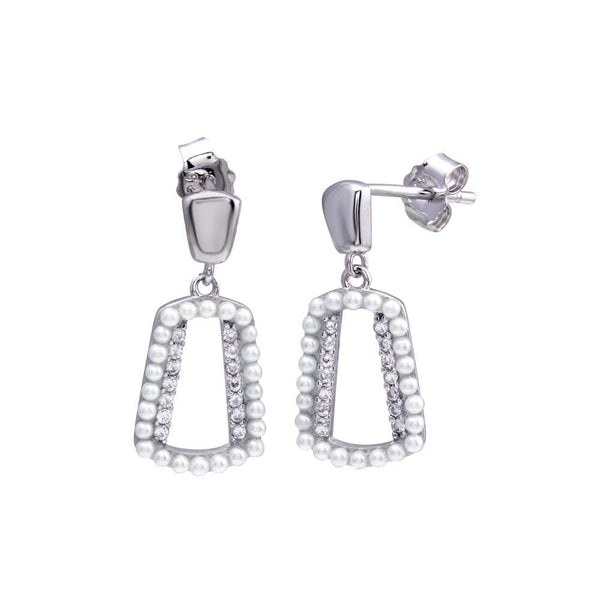 Rhodium Plated 925 Sterling Silver Dangling Open Halo Pearl and CZ Earrings - STE01321 | Silver Palace Inc.