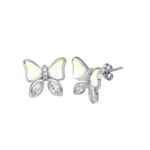 Rhodium Plated 925 Sterling Silver Simulated Pearl Clear CZ Butterfly Earrings - STE01326 | Silver Palace Inc.