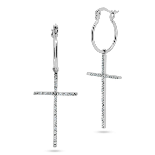 Rhodium Plated 925 Sterling Silver Cross CZ Dangling hoop Earrings - STE01357 | Silver Palace Inc.